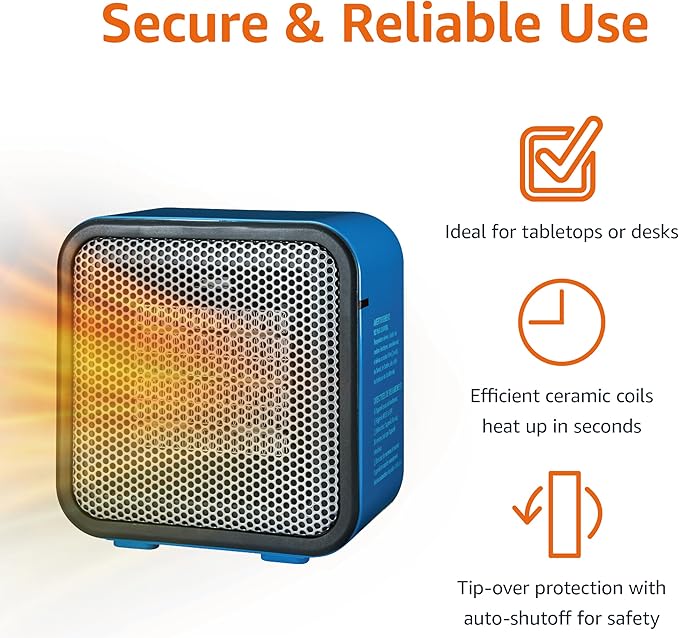 Amazon Basics Ceramic Space Heater, Mini Heater for Office Desk, Portable Tent Heater for Camping (Indoor Use), 500 W, With Tip-Over Protection, Lightweight (1.4 LBS), Blue, 5.9 x 3.2 x 6 inches-Ruum Studio Home