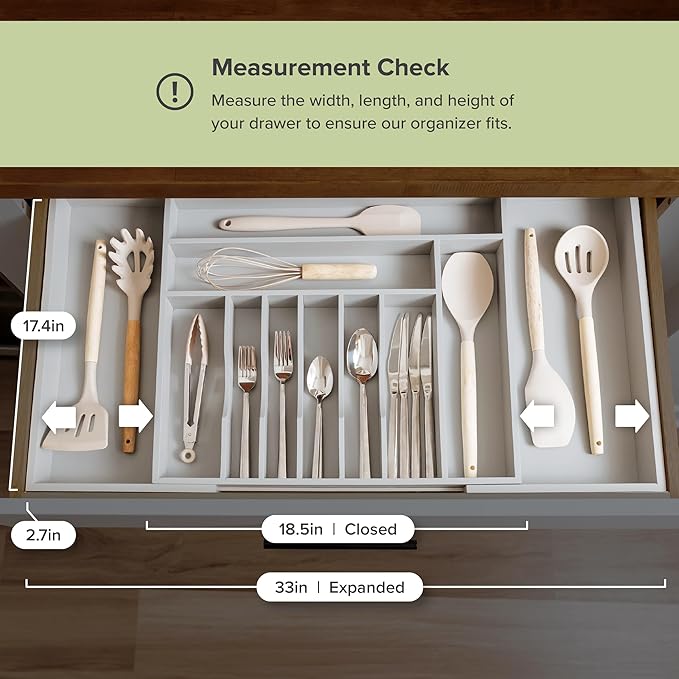 Premium Silverware, Flatware and Utensil Organizer for Kitchen Drawers, Food-Safe Contract Grade, Expandable from 18 to 33 In, Gray Bamboo-Ruum Studio Home