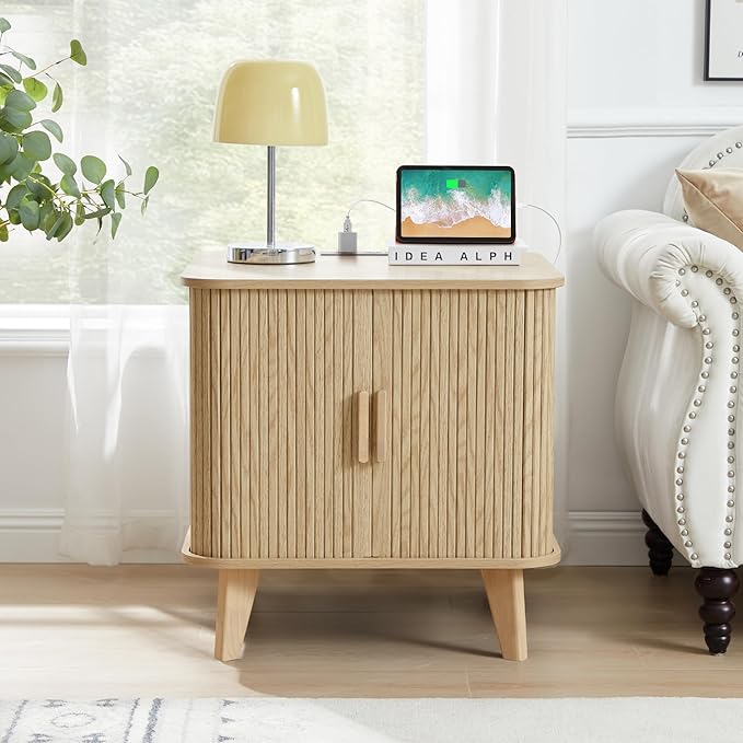 Farmhouse Square End Table with Charging Station, 24" Large Fluted Sofa Side Table with Sliding Tambour Door and Storage, Rustic Curved Wood Nightstand for Living Room, Bedroom, Natural-Ruum Studio Home