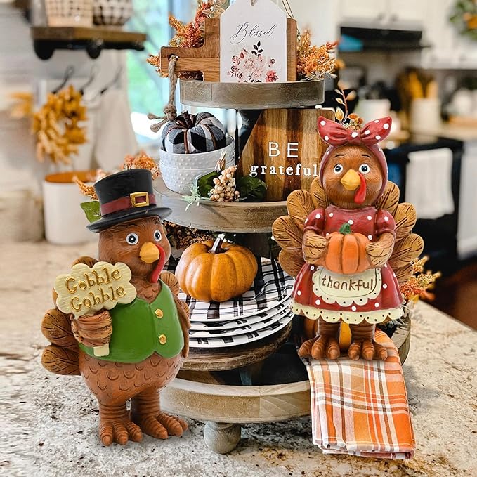 Thanksgiving Turkey Decor - 2Packs Resin Turkey Couple Standing Figurines Thanksgiving Decorations- Fall Decor Indoor for Tables Centerpieces Harvest Farmhouse Kitchen-Ruum Studio Home