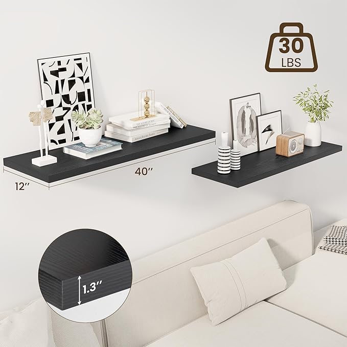 40" Floating Shelves for Wall, 12" Deep Slim Black Floating Shelves, Wall-Mounted Shelves for Bedroom, Living Room, Kitchen, Bathroom - Set of 2-Ruum Studio Home