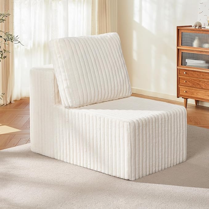 Single Sofa 1 Seat Couch with Deep Seat Memory Foam Cloud Chair with Pillows Large Sofa with L Shape for Living Room Bedroom (Strip White, Single)-Ruum Studio Home