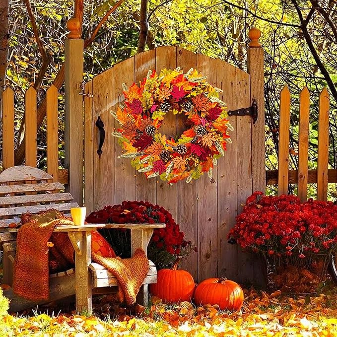 Fall Wreaths for Front Door, 24" Autumn Wreath with Berry Wood Maple Leaves and Pine Cones, Orange Thanksgiving Wreath for Outside Indoor Wall Window Home Festival Decor-Ruum Studio Home
