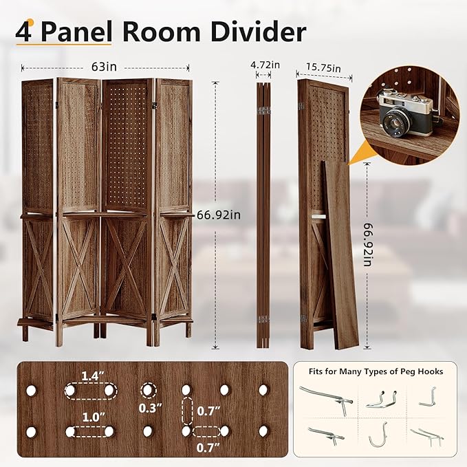 4 Panel Pegboard Display with 16 Hooks, Wooden Pegboard Room Divider Wall with Shelf, Rustic Room Dividers and Folding Privacy Screens, Bedroom, Jewelry Store, Brown-Ruum Studio Home