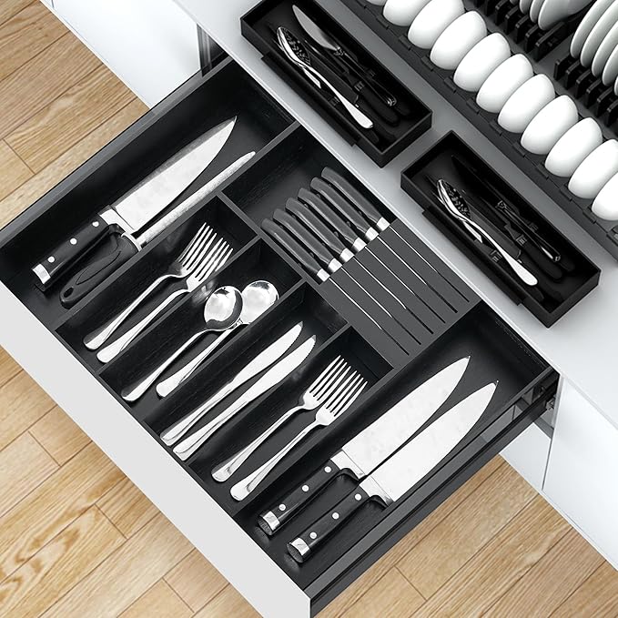 VaeFae Premium Bamboo Silverware Drawer Organizer Kitchen, Expandable Utensil Organizer with Knife Block, Cultery Tray with Divider for Flatware (Black)-Ruum Studio Home