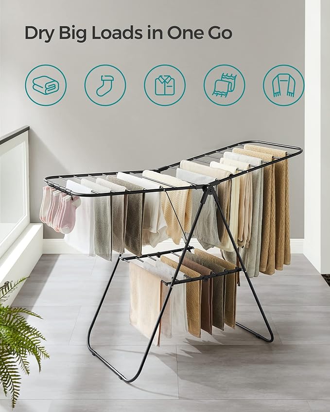 SONGMICS Clothes Drying Rack, with Sock Clips, Metal Laundry Rack, Foldable, Space-Saving, Free-Standing Airer, with 2 Height-Adjustable Gullwings, Indoor Outdoor Use, Black ULLR052B01-Ruum Studio Home