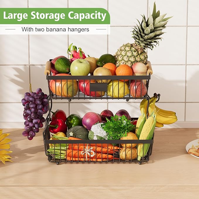 2 Tier Fruit Basket for Kitchen Counter with 2 Banana Hangers, Countertop Metal Fruit Bowl with Wooden Handle, Large Storage Stand for Vegetables, Snacks, Breads, Produce Storage – Black-Ruum Studio Home