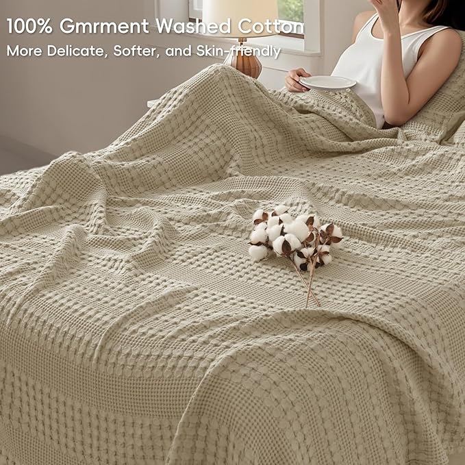PHF 100% Cotton Waffle Blanket Oversized King 120"x120", Lightweight Breathable Extra Large 10'x10' Summer Blankets for Bed, Giant Big Luxury Aesthetic Woven Bedding for Home Decor, Khaki-Ruum Studio Home
