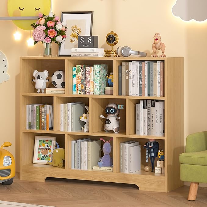 Book Shelf, 10 Cubes Storage Organizer, 3-Tier Open Shelf Wooden Bookcase, Freestanding Log Bookshelf Cube Shelf for Bedroom, Living Room, Home Office-Ruum Studio Home