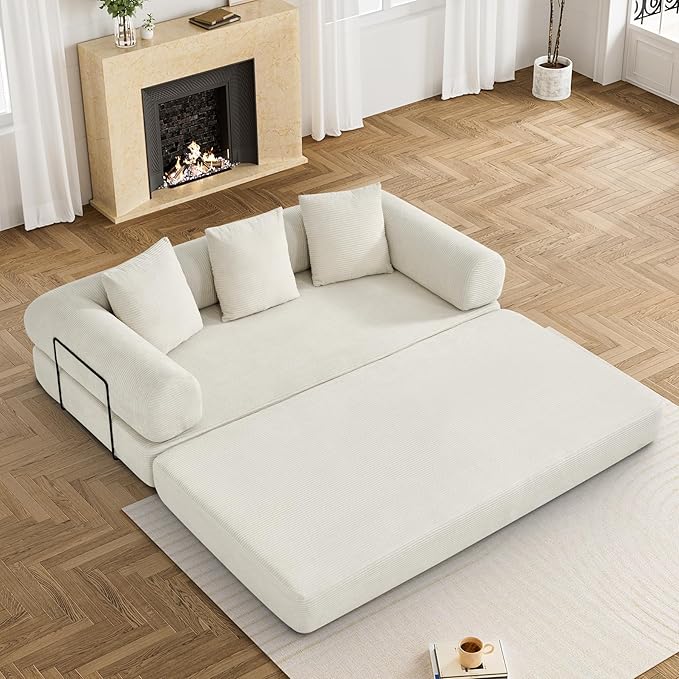 Convertible Sleeper Sofa Bed with Pillow, 4-in-1 Corduroy Folding Mattress Couch with Fixed-Shape Frame, Fold Out Floor Sofa Cama Lounge Couch for Living Room Bedroom Studio, Beige White-Ruum Studio Home