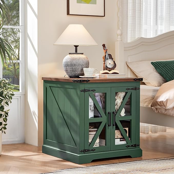 24" End Table with Charging Station, Farmhouse Night Stand with Glass Barn Door, Green Nightstands with Adjustable Storage Shelf, Large Wood Square Bed Side Table for Living Room, Bedroom-Ruum Studio Home