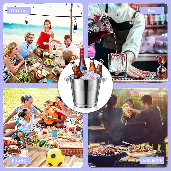 Amyhill 8 Pack Stainless Steel Ice Bucket 5.3 Quart/ 5 Liter with Handle Large Insulated Champagne Buckets Beer Bucket for Cocktail Bar Wine Parties Chilling Wine Champagne Home(Silver)-Ruum Studio Home
