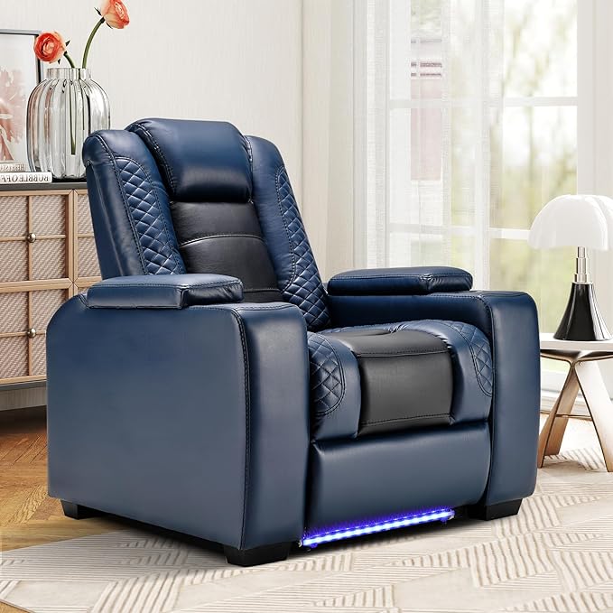 ANJ Power Home Theater Seating, PU Leather Electric Recliner Chair with Powered Headrest, Dual Motors Movie Reclining Chairs with LED Lights,USB Port, Cup Holders, Hidden Arm Storage (Blue & Black)-Ruum Studio Home