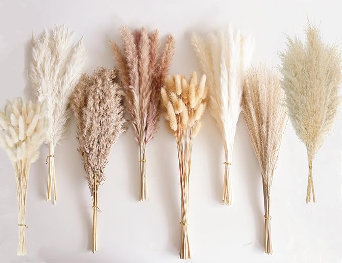 130 PCS Dried Pampas Grass Bouquet, Boho Table Decor, Bunny Tails Dried Flowers, Brown Pampas, Fluffy Pompas, White Pampas Grass for Weddings, Home Decor, Rustic Parties, and Baby Shower Decorations-Ruum Studio Home