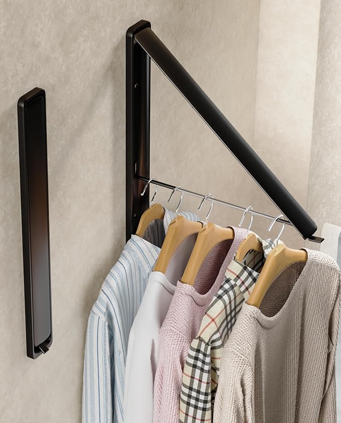 Dr.DJ Clothes Drying Rack Wall Mounted, Retractable & Foldable Clothes Hanger for Laundry Room Organization and Storage, Clothes Hanger Rack for Dorm, Closet, Balcony, Laundry Room(1P, Metal, Black)-Ruum Studio Home