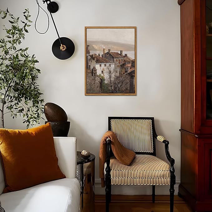 Floating Framed Vintage Canvas Wall Art, European Country Towns Wall Decor Oil Paintings Artwork, Rustic Farmhouse Posters Prints Pictures for Living Room Hallway Bedroom 16x24 inch-Ruum Studio Home