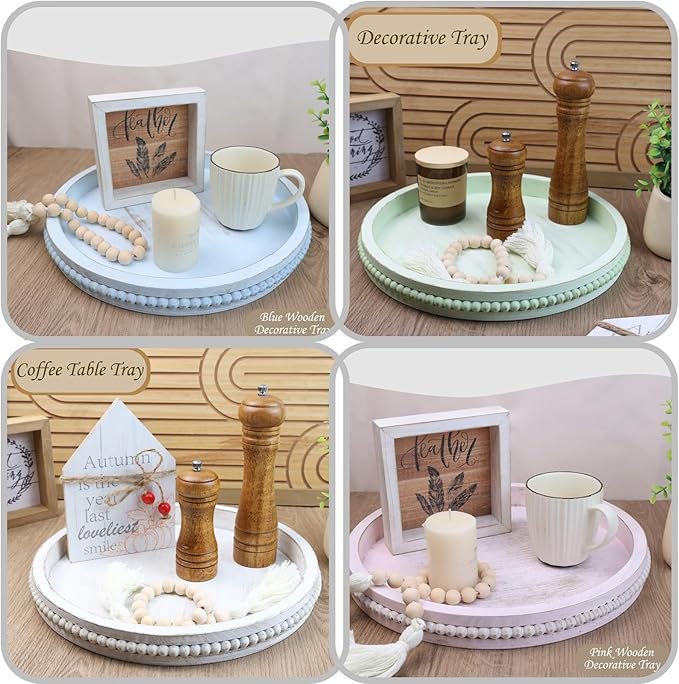 Round Wood Serving Tray with Beads, White Washed Wooden Decorative Tray for Entertaining, Decoration, and Gifting-Ruum Studio Home