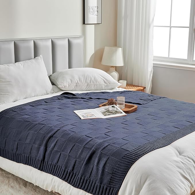 CozeCube Check Knit Throw Blanket, Steel Blue Checkered Throw for Couch, Decorative Christmas Soft Cozy Warm Knitted Blanket for Bed Sofa Living Room, 50"X60"-Ruum Studio Home