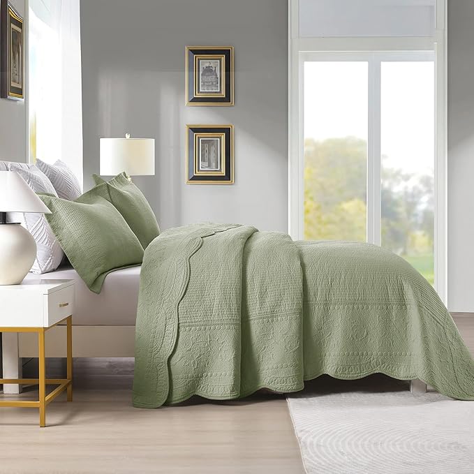 MarCielo 3-Piece 100% Cotton Oversized Bedspread Lightweight Quilt Coverlet Embroidery Farmhouse Bedding Set (TG Pale Green, Oversized Queen (100"x106"))-Ruum Studio Home