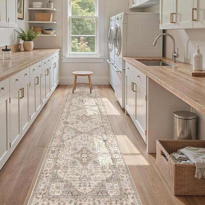 Washable 2.6x12 Runner Rug - Area Rugs Neutral Vintage Distressed Floral Farmhouse Boho Large Soft Floor Rug Indoor Carpet for Hallway Entryway Kitchen Home - Brown/Multi-Ruum Studio Home