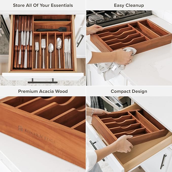 Premium Silverware, Flatware and Utensil Organizer for Kitchen Drawers, Food-Safe Contract Grade, Expandable from 10.5 to 19 In, Natural Acacia-Ruum Studio Home