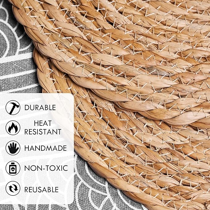 Defined Deco Woven Placemats Set of 4,12" Round Rattan Placemats,Natural Hand-Woven Water Hyacinth Placemats,Farmhouse Weave Place Mats,Rustic Braided Wicker Table Mats for Dining Table,Home,Wedding.-Ruum Studio Home