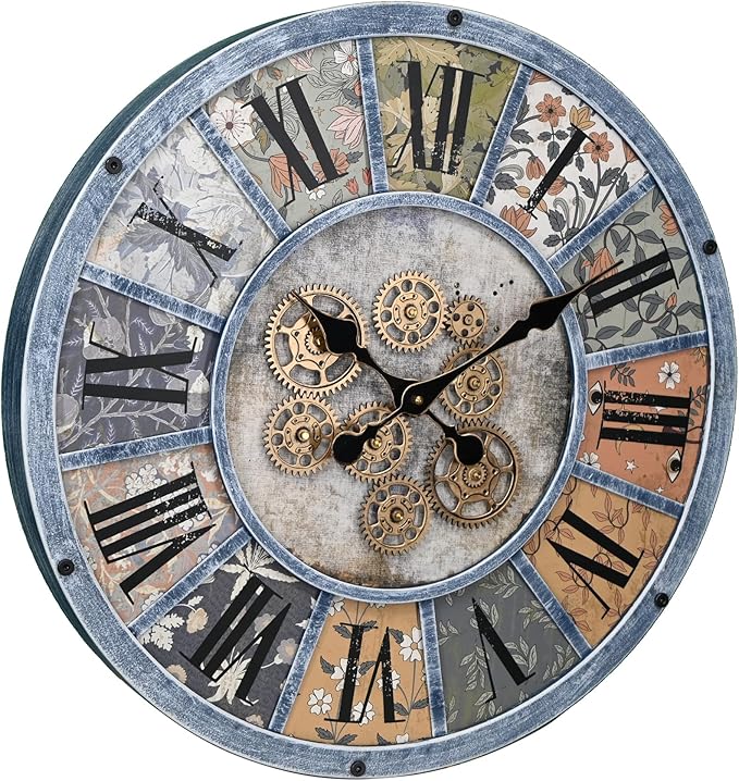 Unique Moving Gear Large Round Wall Clock 21inch-Battery Powered. Retro Industrial Steampunk Country Farmhouse Decor for Living Room Kitchen Bars cafes Offices(Blue/metal/21)-Ruum Studio Home