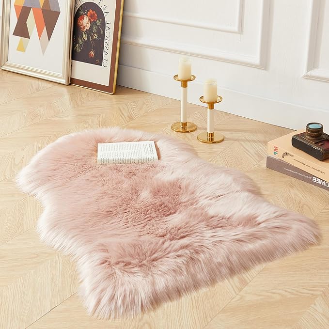 AMTOVO Faux Fur Rug, Pink Small Area Rug, Fluffy Sheepskin Rug, Fuzzy Ultra Soft 2 x 3 ft Shag Rugs for Bedroom Sofa Throw Cushion Room Decor, Sheepskin-Ruum Studio Home