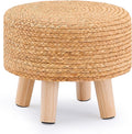 Handwoven Round Ottoman, Natural Water Hyacinth Outdoor Patio Pouf Seagrass Low Stool with Wood Legs, Soft Padded Footrest for Living Room Bedroom Garden, Natural-Ruum Studio Home