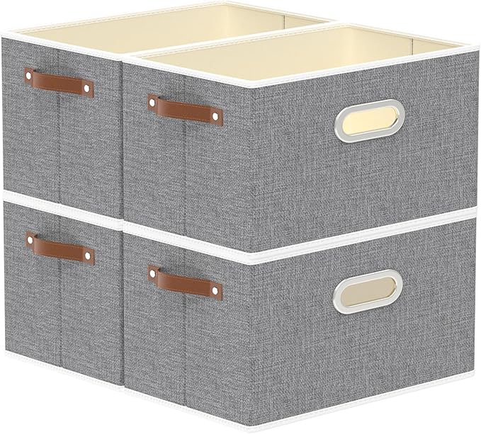 Yawinhe Fabric Storage Baskets, Foldable Closet Organizer for Shelves, Large Boxes with 3 Handles, Canvas Bins for Clothes, Grey, 12.99''Lx9.05''Wx7.87''H, 4-Pack-Ruum Studio Home