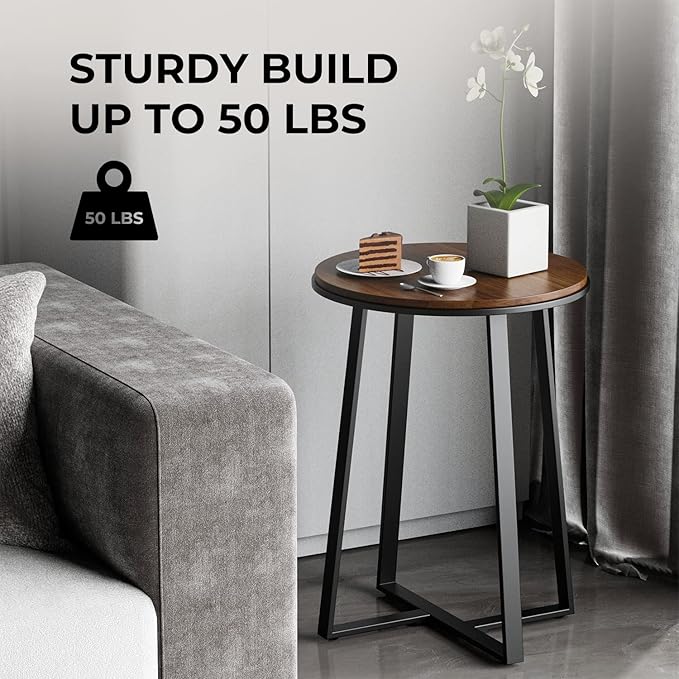 Round End Tables, Small Side Table Walnut Color MDF Top, Metal Frame Black, Tall End Table for Bed Room, Coffee Tea End Table for Living Room(Walnut+Black)-Ruum Studio Home