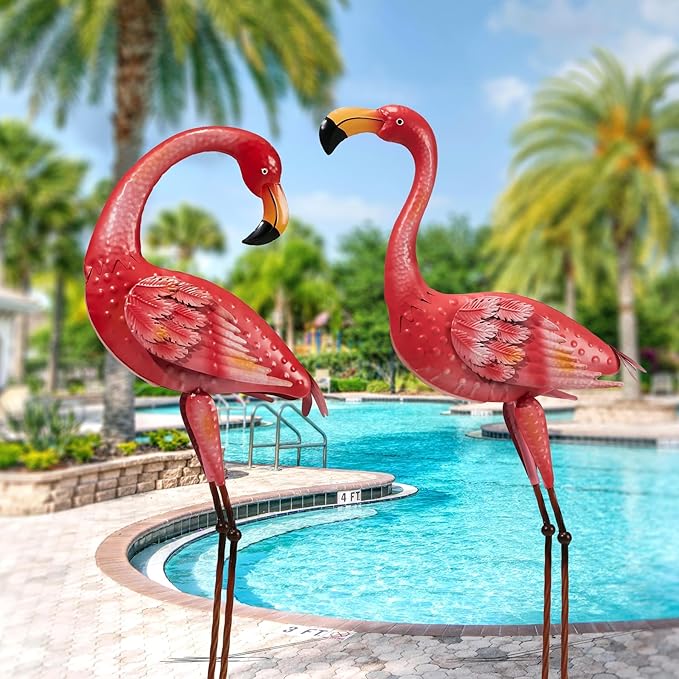 Metal Flamingo Garden Statue, 40" Tall Outdoor Decor Flamingos Yard Art Sculptures and Statues Reinforced Foot, Weatherproof Flamingo Ornaments for Lawn Pool Backyard Decor, Set of 2-Ruum Studio Home