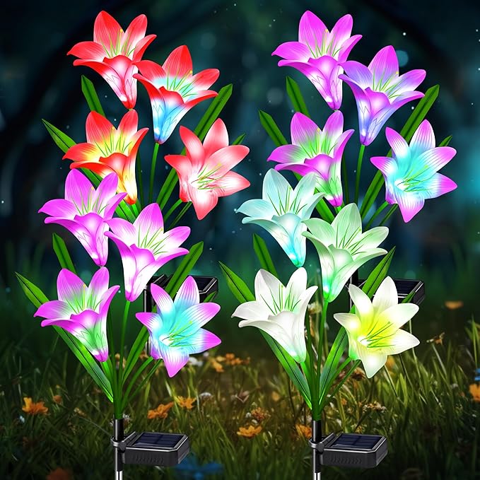 Solar Lights Outdoor Waterproof, 4 Pack Garden Decor Lights, 16 Multi-Color Changing Lily Solar Flowers for Yard Patio Pathway Decor, Gifts for Women Mom (4 Pack)-Ruum Studio Home