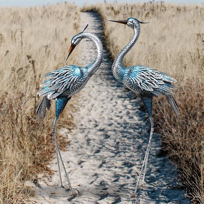 Crane Decor Statues, Blue Heron Garden Statues Metal Yard Art Outdoor Decoy, Garden Sculptures for Yard/Lawn/Pond/Outdoor Decoration, Set of 2-Ruum Studio Home