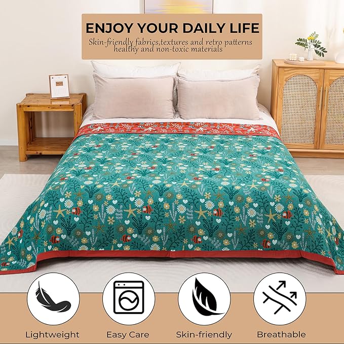 Boho Throw Blanket, 100% Organic Cotton Skin-Friendly Breathable Ultra Soft Bed Quilt Throw - All Season Blue & Red FishFarmhouse Decor Blanket for Sofa Couch Chair and Gift. 60" x 80"-Ruum Studio Home