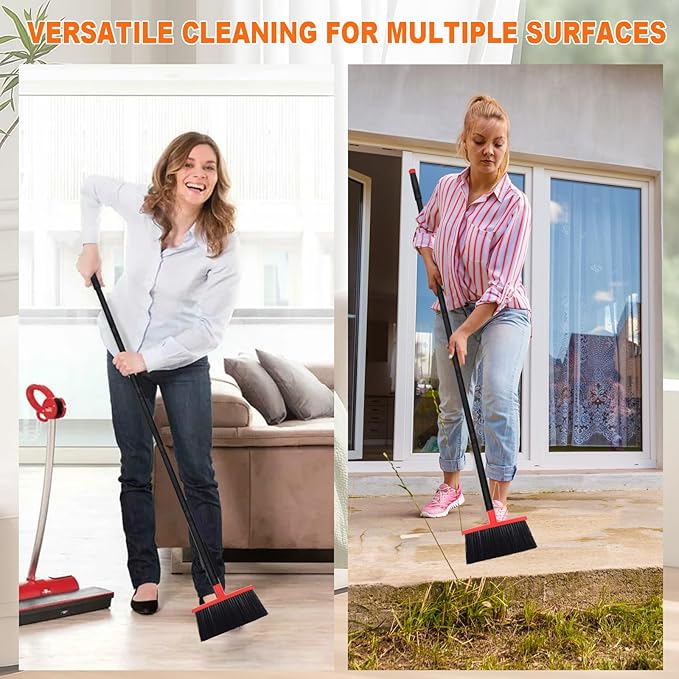 Small Broom Stiff Bristles Brush with Long Handle Indoor or Outdoor Compact Broom for Sweeping Patio Garage Garden,Deck,Concrete Floor,Bathroom (Red)-Ruum Studio Home