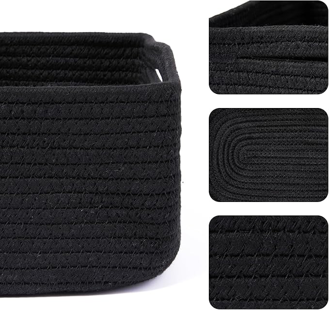 Small Storage Baskets for Organizing | Closet Organizer Bins | Shelf Toy Basket | Woven Rope Baskets | Cube Decorative Box | Shallow Basket | 13x8.5x5.1” | 3 Packs Black-Ruum Studio Home