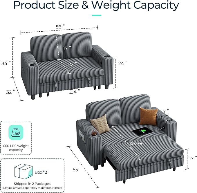 LINSY HOME Loveseat Sofa with Pull Out Couch: 2-in-1 Convertible 2 Seater Sofa Chaise with USB Charging & Cup Holders, Comfy Plush Corduroy Love Seat for Small Spaces Living Room Apartment, Grey-Ruum Studio Home