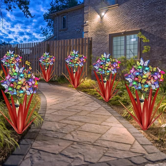 Homight Solar Metal Agave Butterfly Flower Stick Garden Sculpture - Outdoor Gift, Christmas Lights - Swaying Butterfly Garden Lights - Solar Outdoor (3 PCS RED)-Ruum Studio Home