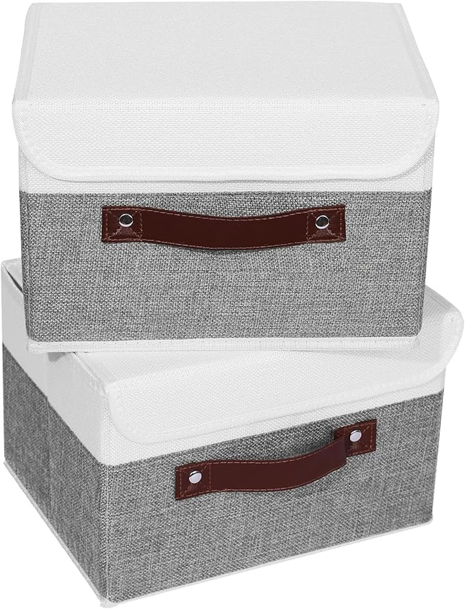 ANMINY 2PCS Storage Boxes with Lid Washable Decorative Storage Bins Basket with PU Leather Handle Foldable Linen Fabric Storage Cubes Containers for Home Closet Organizer - Gray White, Small Size-Ruum Studio Home