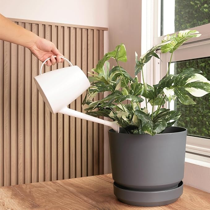 Elly Décor 12 inch Plastic Cylinder Planter Pot with Self-Watering Saucer and Drainage Hole,Lightweight & Extremely Durable, 12"x 12", Gray-Ruum Studio Home