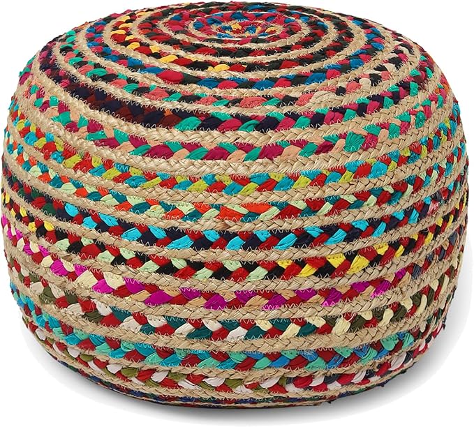 REDEARTH · Round Pouf Ottoman - Braided Boho Poof Home Décor Pouffe Accent Sitting Circular Foot Rest for Living Room, Bedroom, Nursery, Lounge; Jute and Cotton Set of 2 (19.5"x19.5"x14"; Multi)-Ruum Studio Home