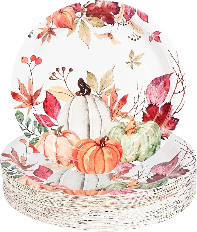 AllReal Fall Pumpkins Paper Plates Rustic Pumpkin Leaves Disposable Party Plate 7" Thanksgiving Autumn Dessert Plate for Birthday Baby Shower Party Supplies Table Decor (48)-Ruum Studio Home
