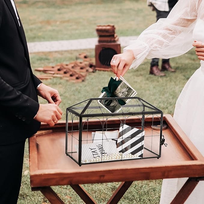 Wedding Card Box with Slot, 12.6'' Large Glass Card Boxes for Reception, Black Geometric Holder, Clear Decorative Storage Box with Lock for Baby Shower, Birthday Party, Christmas, Bridal Shower-Ruum Studio Home