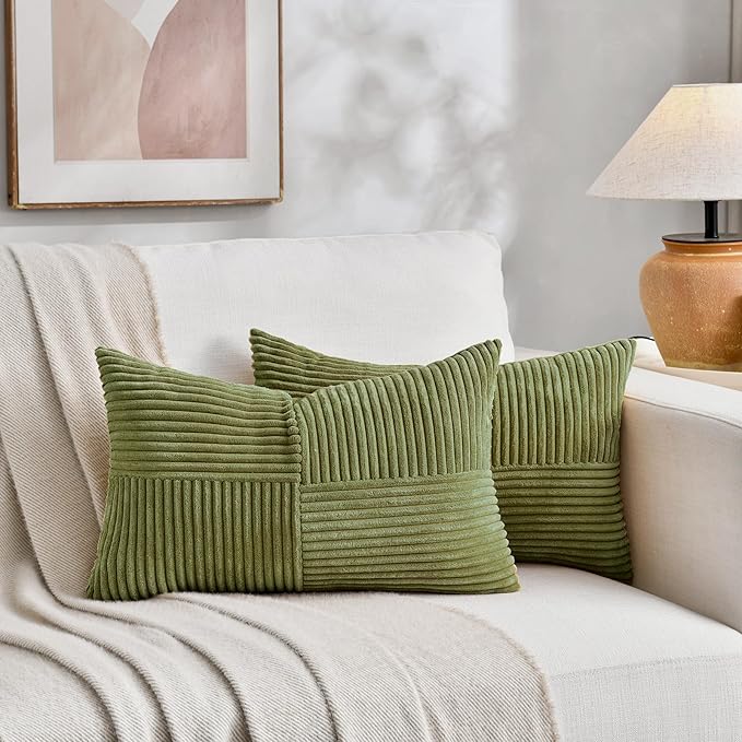 Fancy Homi 2 Packs Moss Green Lumbar Decorative Throw Pillow Covers 12x20 Inch for Living Room Couch Bed, Rustic Farmhouse Boho Home Decor, Soft Striped Corduroy Rectangle Accent Cushion Case 30x50 cm-Ruum Studio Home