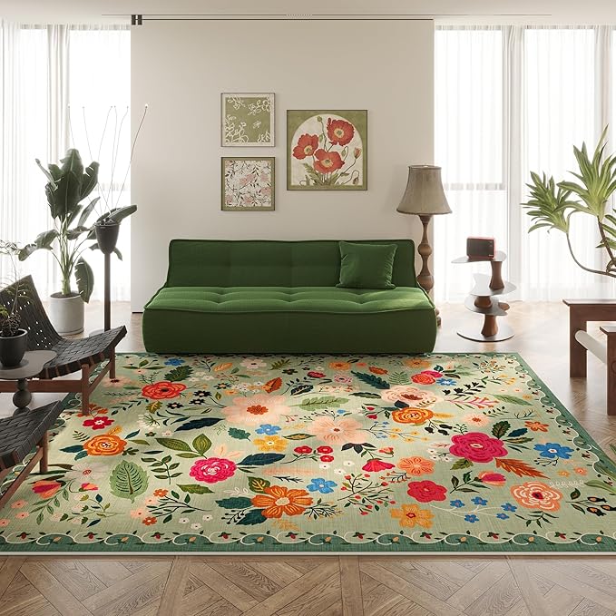 Area Rugs 8x10 Rug for Living Room Clearance Washable Boho Area Rug Non Slip Floral Vintage Low Pile Large Rug for Living Room, Bedroom, Farmhouse, Dining Room, Kids Playroom(Green)-Ruum Studio Home