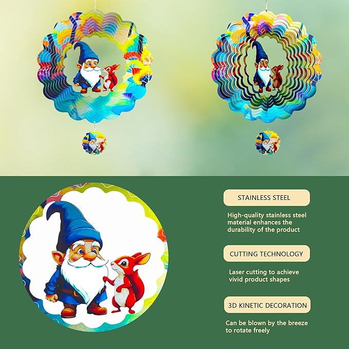 Gnomes Hanging Wind Spinners,12 Inch 3D Garden Spinner Kinetic Art Garden Decorations，Stainless Steel Reflective Wind Spinners for Yard-Ruum Studio Home
