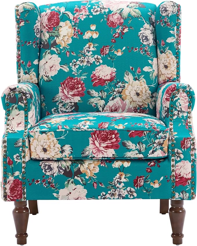 UIXE High Back Floral Accent Chair, Upholstered Armchair in Fabric, Retro Printed Wingback Arm Chair for Living Room, Nailhead Trim Single Sofa Bedroom Reading Seat - Peacock Blue-Ruum Studio Home