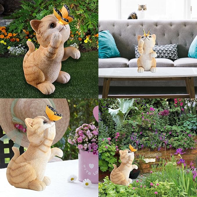 Solar Garden Statue Cute Cat Figurine Fun Color Changing LED Butterfly Light Outdoor Decor Waterproof Resin Sculpture Patio Lawn Art Housewarming Gifts for Cat Lovers Women-Ruum Studio Home