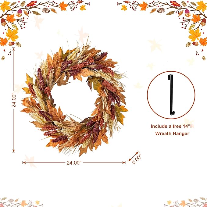 Glitzhome 24" D Fall Sorghum Wreath with Metal Hanger, Harvest Wreath for Front Door, Fall Door Wreaths for Indoor Outdoor Thanksgiving Harvest Holiday Decorations-Ruum Studio Home